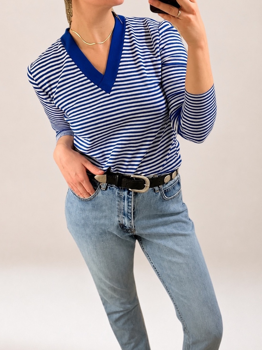 VTG Blue White Stripe V Neck Knit Pullover Sweater Jumper Academia Prep XS S M - Picture 9 of 16